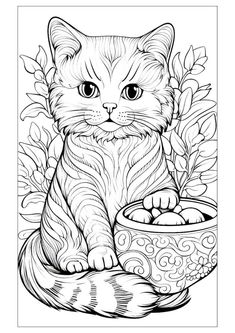 a black and white drawing of a cat sitting in front of a bowl with flowers