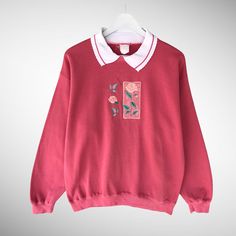 Vintage 90s Rose Flower Pink Collar Sweatshirt Size Medium Rose Crewneck Rose Sweater Pullover Embroidered Logo Streetwear Rose Jumper by brixtonclothing on Etsy Logo Flower, Collar Sweatshirt, Flower Sweatshirt, Retro Sweatshirts, Rose Sweater, Collared Sweatshirt, Sweatshirt Crewneck, Pink Collar, Pink Collars