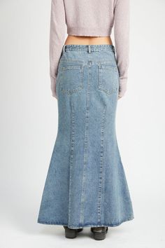 FLUTED DENIM MAXI SKIRT Flared Denim Skirt, Long Denim Skirt, Denim Skirt Women, Denim Maxi, Denim Maxi Skirt, Contemporary Outfits, Swimwear Outfit, Bottom Clothes, Sheer Fabrics