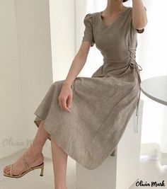 Olivia Mark - Classic Design Long-Sleeve Dress with Drawstring Closure Long Sleeve Evening Gowns, Long Linen Dress, Wrap Around Dress, Drawstring Dresses, Beige Dresses, Long Summer Dresses, Flowing Maxi Dress, Modest Dresses, Summer Dresses For Women