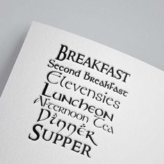 a close up of a piece of paper with different types of writing on it and the words breakfast written in black ink