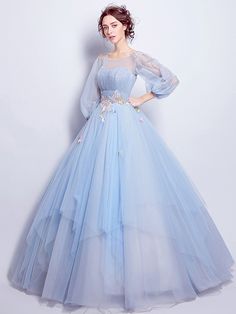 Ball Gown Elegant Floral Puffy Quinceanera Engagement Dress Illusion Neck 3/4 Length Sleeve Floor Length Tulle with Pleats Appliques 2023 2023 - US $131.99 Prom Dresses With Sheer Sleeves, A Line Grad Dress Long, Tulle Long Dress Sleeve, Plus Size Long Sleeve Prom Dress, Princess Ball Gowns With Sleeves, Lantern Sleeve Prom Dress, Prom Dress Modest Long Sleeve, Modest Ballgown Dresses, Puffy Sleeve Prom Dress Long Sweetheart Tulle Ball Gown