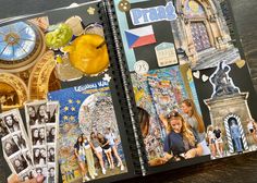 an open photo book with pictures and images on it, sitting on top of a wooden table