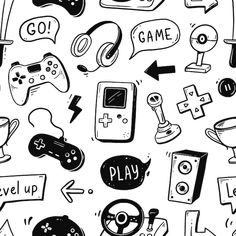 hand drawn doodle style video game related items and objects for design or scrapbooking