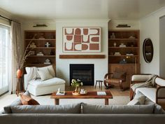 a living room filled with furniture and a fire place in front of a large window