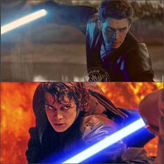 two different pictures of the same character in star wars, one is holding a light saber