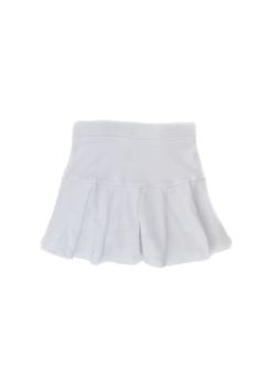 White children's tennis skirt made by Azarhia. Skirt is 95% polyester and 5% spandex Inner short is 90% polyester and 10% spandex Inseam 2.5 inches on inner short Waistband 1 inch wide Care: Machine wash cold with like colors, do not use bleach or softeners; tumble dry low, do not iron, do not dry clean Skirted Stretch Tennis Shorts, Stretch Skirted Tennis Shorts, White Cotton Tennis Skirt With Elastic Waistband, Short Mini Skirt For Tennis, Solid Color Short Mini Skirt For Tennis, Solid Color Short Tennis Mini Skirt, Solid Tennis Skirt With Elastic Waistband, Short Stretch Tennis Skirt For Cheerleading, Sporty Pleated Skort For Cheerleading