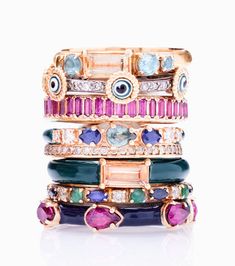 14K Rose Gold Stack Band Ring with Marquis Blue Sapphires, Round Blue-Green Tourmaline and Round Champagne Diamonds. (0.16 TCW) Beautiful Gold Rings, Multi Band Ring, Stackable Engagement Ring, Mixed Metal Rings, Family Rings, Diamond Stacks, Right Hand Rings, Champagne Diamond, Blue Sapphire Rings