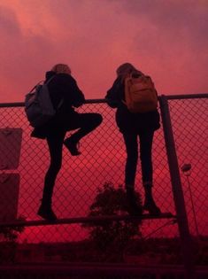 two girls standing on a fence with their backs to each other and the sky in the background