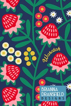 a blue background with flowers and leaves on it, the words branna dransfield designs