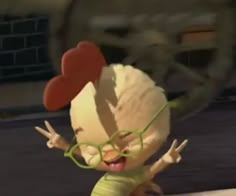 a cartoon character with glasses and a heart on his head, holding up two fingers