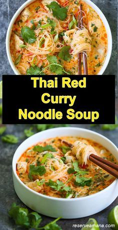 thai red curry noodle soup in a white bowl with chopsticks and cilantro