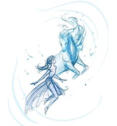 a drawing of a girl and a horse on a white background with blue swirls