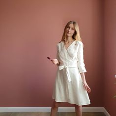 Bridal linen wrap dress with belt 3/4 long sleeves|Short boho wedding v neck robe dress|Simple beach wedding dress|Retro wrap around dress