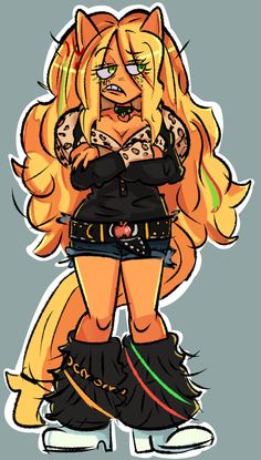 a drawing of a woman with blonde hair and tattoos on her chest, wearing black boots