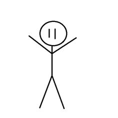 a stick figure holding his arms up in the air with one hand and two legs crossed