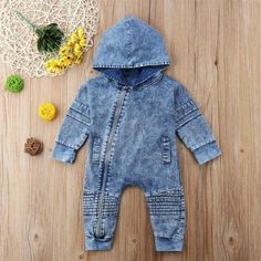 Denim Hooded Romper for Baby & Toddler Boys – Bitsy Bug Boutique Spring Baby Boy, Zipper Outfit, Playsuits Outfit, Hoodie Romper, Hoodie Jumpsuit, Girl Sleeves, Jumpsuit For Kids, Cotton Jumpsuit