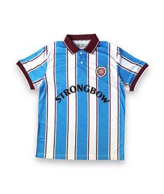 a blue and white striped shirt with the word strongbow on it's chest