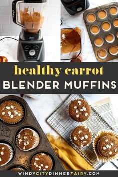 healthy carrot blender muffins with text overlay