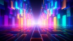 an abstract background with neon colored squares and rectangles in the center, as well as bright lights