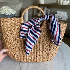 This Has So Many Uses! Tie It To Your Purse Or Beach Bag For An Elevated Look. Tie To Your Luggage For An Eye Catching Piece. Even Use For A Fashion Scarf! It’s Giving #Paris Vibes #Scarf #Pursescarf #Redwhiteandblue #Euopeantrip #Paris #4thofjuly **Bag Not Included Brand New! Only Taken Out Of Plastic For These Photos. Silk Like Material. I Have 3 Of These. Scarf On Bag, Woven Beach Bags, Paris Vibes, Blanket Poncho, Black And White Stars, Green Zebra, Purse Scarf, Zig Zag Print, Small Scarf