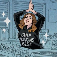 a woman with her hands up in the air while wearing a black shirt that says gina knows best