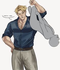 a drawing of a man holding a stuffed animal