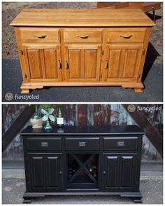 before and after photos of an old buffet table turned into a sideboard with drawers