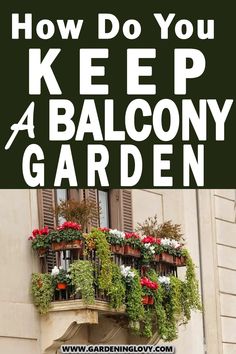 the balcony with flowers and potted plants on it is shown in front of a building that says how to maintain a balcony garden