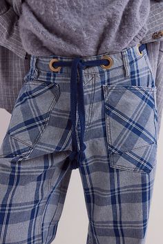 We The Free Moxie Plaid Pull-On Barrel Jeans Barrel Jeans, Country Blue, Blue Fits, Cute Fits, Plaid Print, Drawstring Waistband, Boho Clothing, Tapered Legs, Jeans Shop