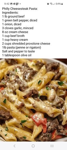 the recipe for pasta with meat and cheese is shown in an instagramtion form