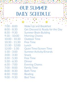 the summer daily schedule is shown in blue and white with colorful confetti on it