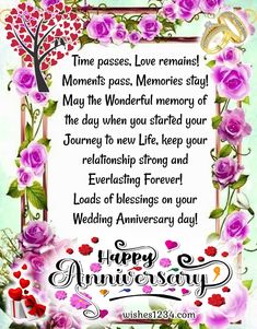 an anniversary card with flowers and hearts