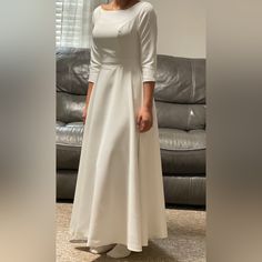 I Bought This Dress For $300 And Had It Shortened For My Baptism. I’m 5’2” For Comparison With Length. Worn Once Elegant A-line Confirmation Dress, Elegant Fitted Dress For Confirmation, Elegant Fitted Confirmation Dress, Classic Fitted First Communion Dress, Elegant Fitted First Communion Dress, Solid Fitted Dress For First Communion, Elegant White First Communion Dress, Elegant Baptism Dress With Fitted Bodice For Party, Elegant Long Sleeve Fitted Baptism Dress