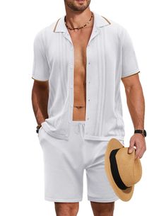 PRICES MAY VARY. Premium Fabric -- The mens 2 piece short set is made of lightweight and breathable material, with super soft high quality stretchable knit fabric, provides you comfortable and nature skin wearing feeling, which is a perfect choice for casual/hot weather wearing Features -- The mens short sleeve beach shirt set, button down shirt, short sleeve, turn down collar, hollow out design; The summer beach shorts sets, regular fit, slant back patch pockets, one back pocket, elastic waist Mens Vacation Outfits, Button Down Outfit, Button Down Shirt Short Sleeve, Booze Cruise, Shirts And Shorts, 2 Piece Short Set, Knit Polo Shirt, Summer Beach Shorts, Yacht Party