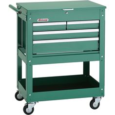 a green tool cabinet with drawers on wheels