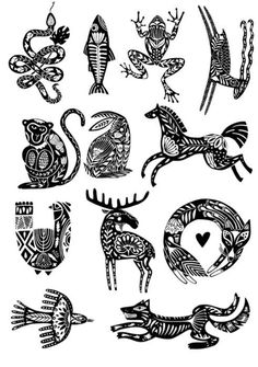 an image of different animal designs on a white background, vintage line drawing or engraving illustration