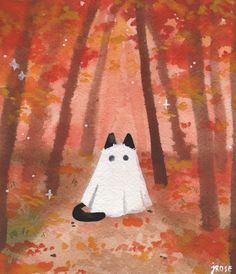 a painting of a black and white cat sitting in the middle of an autumn forest