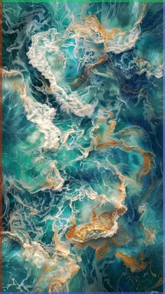 an abstract painting with blue and gold colors