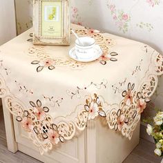 a table with a lace doily on it