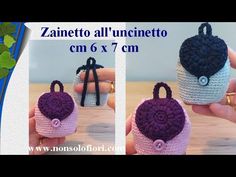 crocheted purses made with yarn and buttons are shown in three different colors