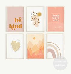 four different cards with the words be kind on them in gold, pink and orange