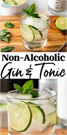 two glasses filled with gin and tonic on top of a wooden cutting board