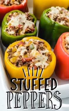 stuffed peppers in a baking dish with the title overlay