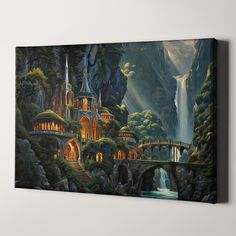 a painting of a castle in the middle of a forest with waterfall and bridge leading to it