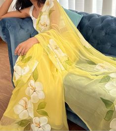 Buy SALE Best Selling Hand Painted Chiffon Saree ,yellow Chiffon Saree ,yellow Saree, Chiffon Sari ,partywear Saree ,designer Saree,floral Sari Online in India - Etsy Yellow Chiffon Saree, Floral Sari, Saree Yellow, Saree Chiffon, Saree For Wedding, Saree Painting Designs, Pure Chiffon Sarees, Saree Painting, Saree Floral