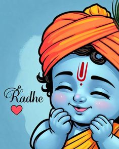 a little boy with an orange turban on his head and the words radhe above him