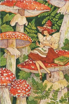 a painting of a woman sitting on top of a mushroom covered forest filled with mushrooms