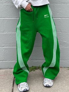 Men Loose Fit Slogan Graphic Drawstring Waist Sweatpants Green    Fabric Colorblock,Letter,Striped Wide Leg Slight Stretch All Men Clothing, size features are:Bust: ,Length: ,Sleeve Length: Green Streetwear Pants With Side Stripes, Green Sweatpants With Side Stripes For Streetwear, Green Side Stripe Pants For Streetwear, Green Pants With Side Stripes For Streetwear, Green Bottoms With Side Stripes For Streetwear, Sporty Green Pants For Leisure, Green Sporty Pants For Leisure, Sporty Green Leisure Pants, Green Athleisure Bottoms With Side Stripes