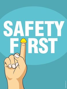 A safety poster showing message "Safety First" with a pointing finger wearing a safety helmet on top replacing the character "i" School Bus Safety, Bus Safety, Office Safety